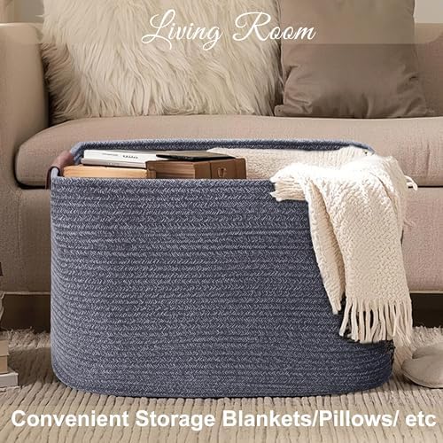Large Cotton Rope Storage Basket with Leather Handles, Laundry Hamper Baskets, 20 "L x 14" W x 12 "H, Storage Blanket & Toy , Home Decor Basket. (Large Dark Grey)