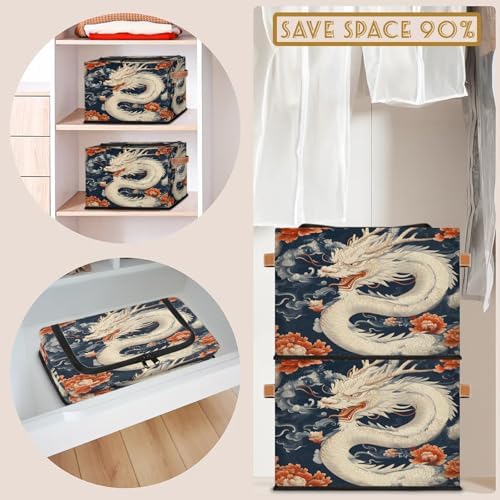 Japanese Dragon Storage Bins with Zipper Lid Foldable Fabric Organizer Box with Handles Rectangular Closet Clothes Organizer Containers