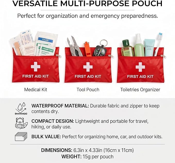 20 Pack Empty First Aid Kit Bag, Small First Aid Pouch Bulk, Water Resistant Travel Medical Organizer, Mini Emergency Supply Storage for Home, Car, Office, Camping, Outdoors (Red, 11x16cm, Bag Only)