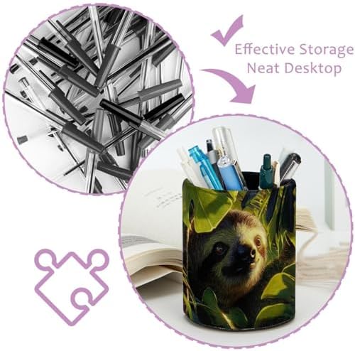 Faux Leather Pen Holder for Desk, Pencil Organizer Sloth Pen Cup Desk Decor Makeup Brush Holder Storage for Office Home