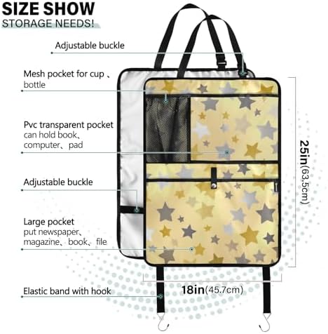 2 Pack Back Seat Car Organizer with Storage Pockets Kick Mats Back Seat Protector Hanging Car Organizer Automotive Seat Back Cover Organizers Cute Silver and Golden Stars