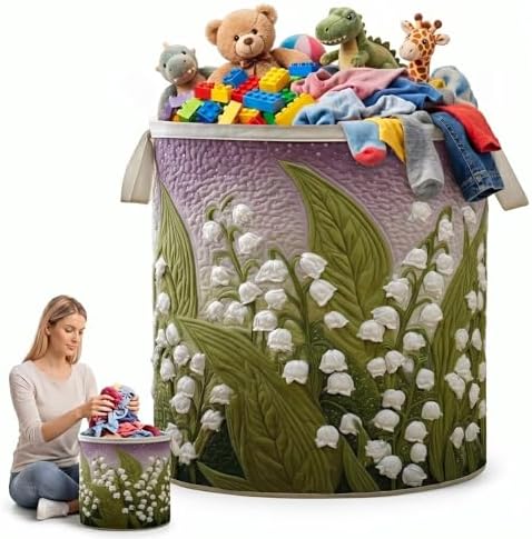 Quilted Laundry Basket with Handles, Boho Floral Fabric Storage Hamper, Large Soft Storage Hamper for Bedroom, Laundry Room, Clothes(16" x 22")