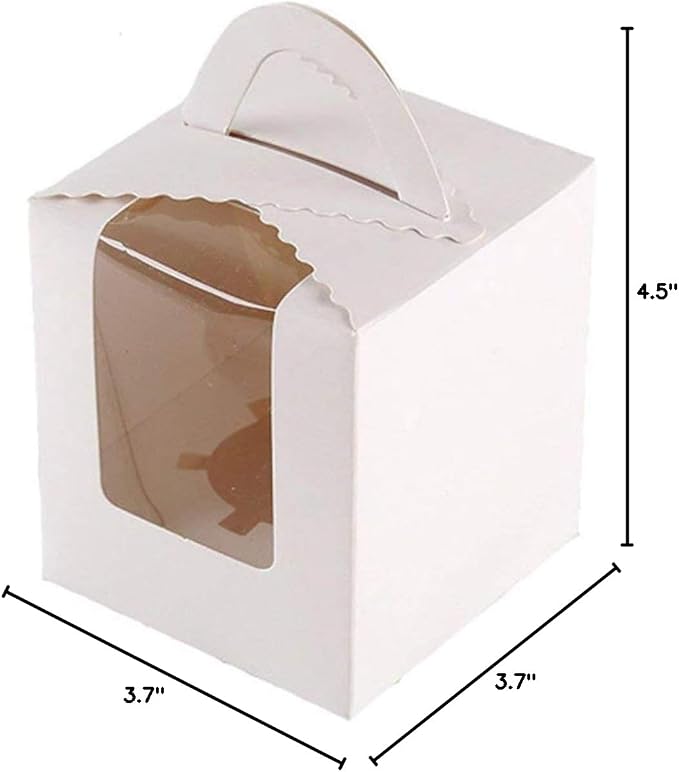 25 Pcs Single White Cupcakes Containers Gift Boxes with Window Inserts Handle for Wedding Candy Boxes (25P-Handle-White)