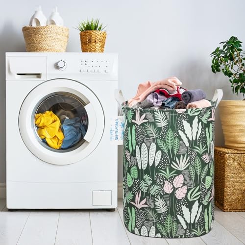 Round Laundry Basket Collapsible Storage Hamper Organizer Full Leaf | Waterproof Canvas Foldable Baskets with sturdy Handles Multi-scene Organizer for Home Play Bedroom Gift Bin