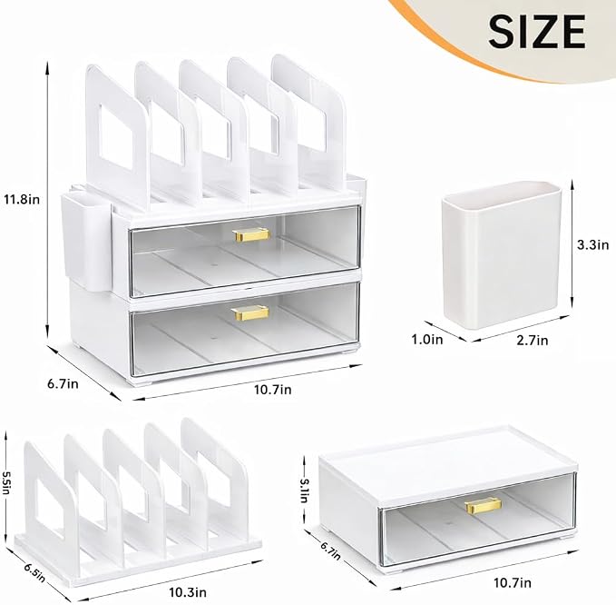 CiWiVOKi Desk Organizer with 4 File Slots and 2 Drawers, White | Desktop organizer with dual pen holders for storing files, mail, notebooks and office supplies in home or office use