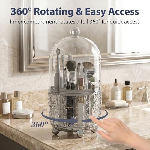 360°Rotating Toothbrush Holder with Cover, Dustproof Electric Toothbrush and Toothpaste Holder for Bathroom Countertop, 3 Slots Makeup Brush Organizer & Bathroom Storage (Transparent Gray)