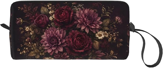 Burgundy Floral Small Makeup Bag, 600D Oxford Travel Pouch | Burgundy Floral Cosmetic Pouch with Double-Sided Print and Foam Padding for Women, Travel, Gym, Weekend Trips and Daily