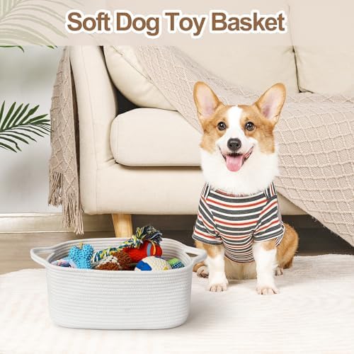 Cute White Woven Basket, Empty Gift Basket for Christmas, Thanksgiving, Easter, Birthday, Cotton Rope Storage Bin with Handle for Gifts, Toy, Blanket, Cat Dog Toy Box, Baby Nursery Organizer