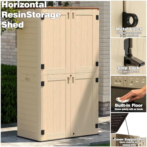 Tall Vertical Storage Cabinet with Floor & Lockable Double Doors, 61 Cuft Weather-Resistant Thickened Outdoor Resin Storage Shed for Patio, Garden and Garage, Khaki