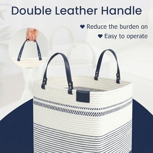 danpinera 100L Nursery Hamper, Tall Woven Laundry Basket with Long Leather Handles, Boho Laundry Hamper for Living Room, Eco-friendly & Convenient Decorative Storage Basket, White & Navy Blue