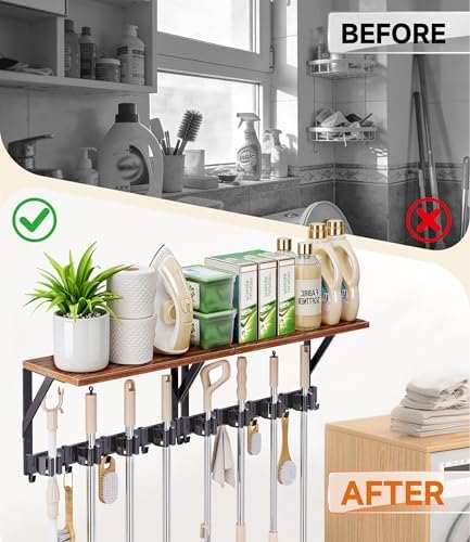 1Pack Broom Holder with Organizer Shelf 4 Broom Slots 5 Removable Hooks | Space-Saving Broom and Mop Organizer Wall Hanging , Laundry Room Shelves for Laundry Room Garage Garden Closet