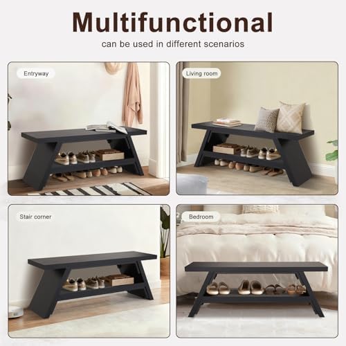 2-Tier Shoe Storage Bench, Solid Wood Entryway Stool Storage | Narrow Shoes Racks for Entryway, Minimalist Multi-Purpose Bench for Hallway, Kitchen, Bedroom, or Dining Room
