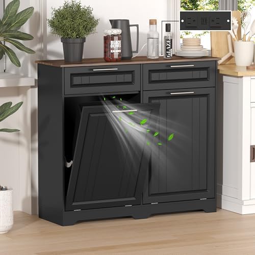 Double 10 Gallon Tilt Out Trash Can Cabinet with Deodorizing Function and Power Outlet, Wooden Hidden Garbage Can Holder with 2 Storage Drawers for Kitchen, Laundry Hamper Cabinet for Bathroom, Black
