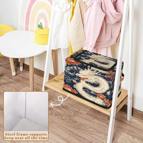 Japanese Dragon Storage Bins with Zipper Lid Foldable Fabric Organizer Box with Handles Rectangular Closet Clothes Organizer Containers