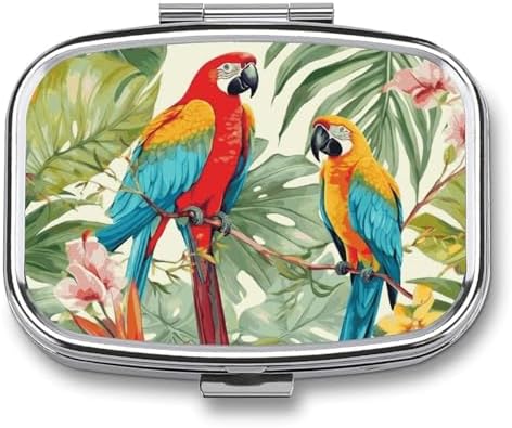 Pill Organizer, Portable Pill Box, Travel 7 Day Pillcase Tropical Plants and Parrots Medicine Organizer 2 Compartments Medicine Container for Vitamins, Medications, Fish Oil and Supplements
