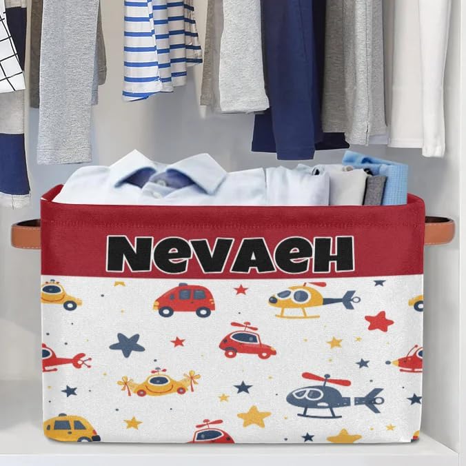 Custom Name Storage Bin, Personalized Rectangular Storage Basket with Handles for Organizing Boys Girls Toys Office Closet Shelf Baskets, Cartoon Cars Helicopters