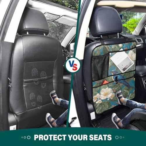 2 Pack Back Seat Car Organizer with Storage Pockets Kick Mats Back Seat Protector Hanging Car Organizer Automotive Seat Back Cover Organizers Vintage Blue Bird Flowers Butterflies