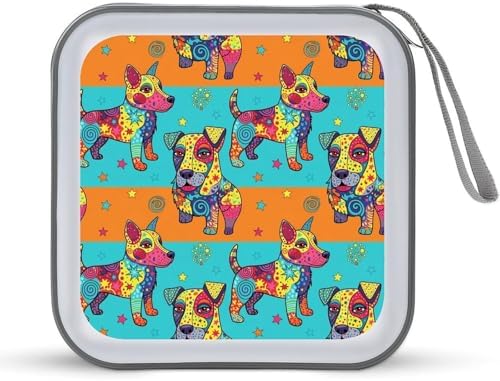 DVD Storage Binder for 40 Discs Colorful Dog, Hard Shell Protective Wallet with Handle, Portable CD Organizer for Car Travel