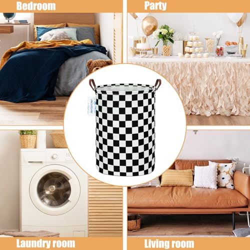 Round Laundry Basket Collapsible Boys Nursery Car Hamper Racing Flag | Waterproof Canvas Foldable Checkered Storage Bin Car Toy Bins Gift Baskets Bedroom Clothes for Home Play Bedroom Gift