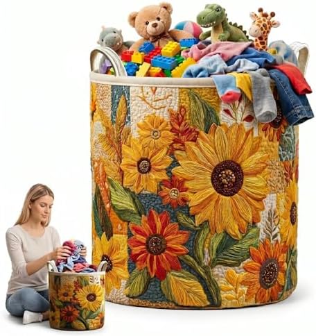 3D Style Sunflower Laundry Basket Canvas Clothes Hamper Vintage Floral Toy Bin Collapsible Sundries Storage Bag for Laundry Room(20" x 28")