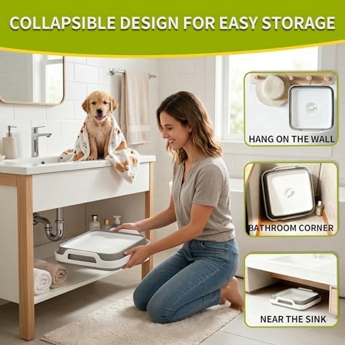 9L Collapsible Pet Bath Tub for Small Puppy Kitten & 28"x20" Absorbent Non-Slip Dog Grooming Mat, Foldable Portable Shower Tub & Soft Washable Grooming Pad for Toy Small Dogs Indoor Outdoor