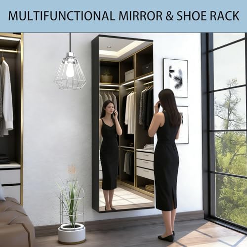 Shoe Cabinet with Mirror Modern Black Mirrored Shoe Storage Cabinet 67" Tall 5-Tier Shelves Narrow Shoe Storage Cabinet for Entryway Space Saving Furniture (Wall-Mounted, Black)