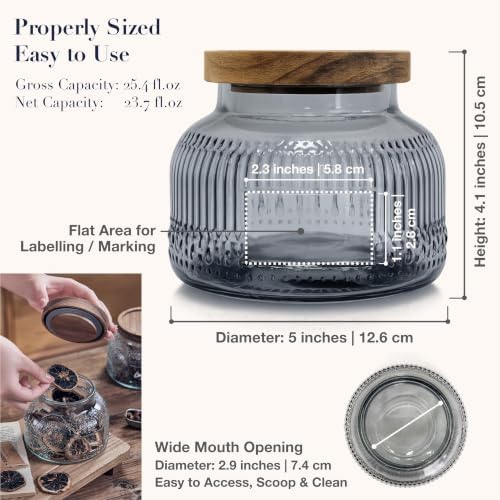 Decorative Grey Ribbed Glass Jar with Airtight Wooden Lid, 25.4 fl. oz | Wide mouth vintage storage canister, kitchen pantry bathroom organization, coffee sugar tea cookie candy candle vase gift