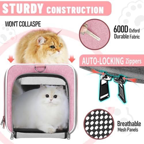 GAPZER Large Cat Carrier Soft, Collapsible Travel Pet Carry Bag, Small Dogs | Big Kitten Cat 20lbs Mainecoon, Top Open Travel Shih-Tzu Pet Kennel, Yorkie Small Dog 10 Pounds, 18x12x12, Durable Cloth Pink