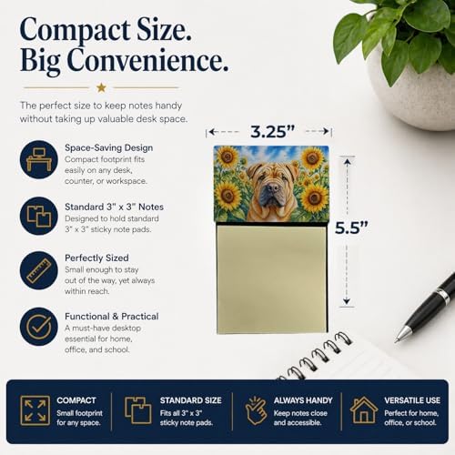 Caroline's Treasures Shar Pei in Sunflowers Watercolor Sticky Note Holder Refillable Dispenser Desk Accessory 3x3 Pad Gift