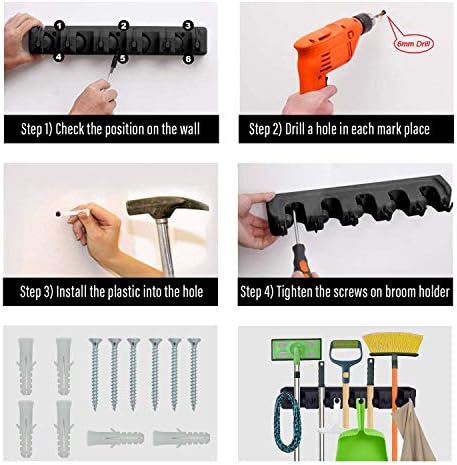Mop and Broom Holder Wall Mount Heavy Duty Tool Organizer For Home Garden Garage And Storage (5 Positions with 6 Hooks)