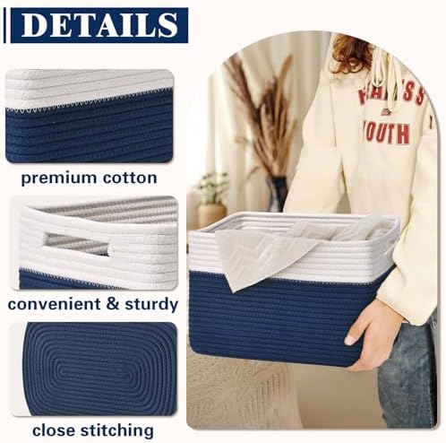 Storage Baskets for Organizing, 4 Pack Baskets for Shelves, Decorative Storage Bins for Shelves, Cotton Rope Storage Basket with Handles, Woven Basket for Storage, 13''Lx8.7''Wx7.9''H, White & Blue