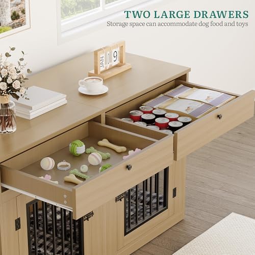 DWVO 60 Inch Double Dog Crate Furniture for 2 Dogs, Heavy Duty Wooden Dog Crate TV Stand with Removable Divider & Storage Drawers, Dogs Kennel Indoor Furniture Double Sliding Barn Door, Light Beige