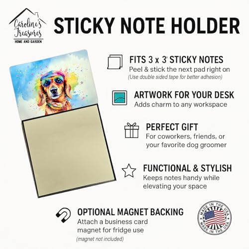 Caroline's Treasures Dachshund Hippie Dawg Sticky Note Holder Refillable Dispenser Self-Sticky Note Pads, Memo Pads Blank Desk Accessories