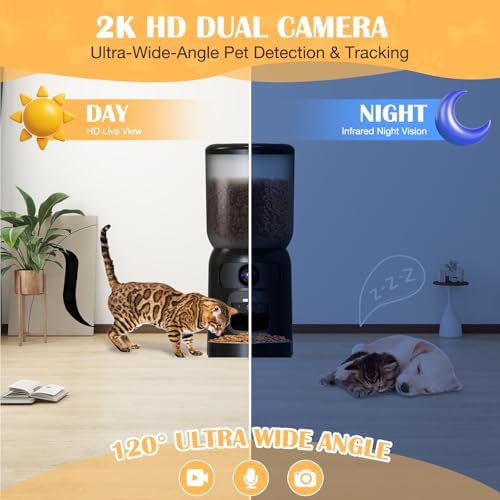 Automatic Cat Feeder with 2K Dual HD Cameras, 2.4/5G WiFi 6L Feeder, Pet Feeder Automatic for Cats & Dogs, Cat Food Dispenser with Cameras, Laser Interactive Toy & Night Vision(Black-Dual Cameras)
