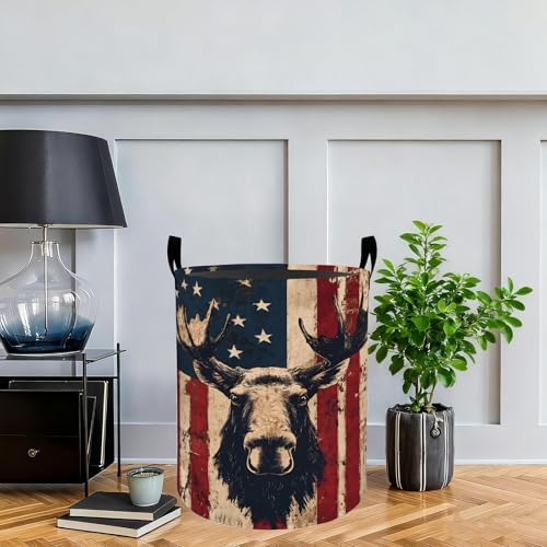 Moose Laundry Basket Hamper, Organizer Bins Gifts for Women Kids, Rustic American Flag Cabin Foldable Waterproof Clothes Hamper Handles Storage Bucket for Bedroom Bathroom Room Decor 19.7"x15.7"