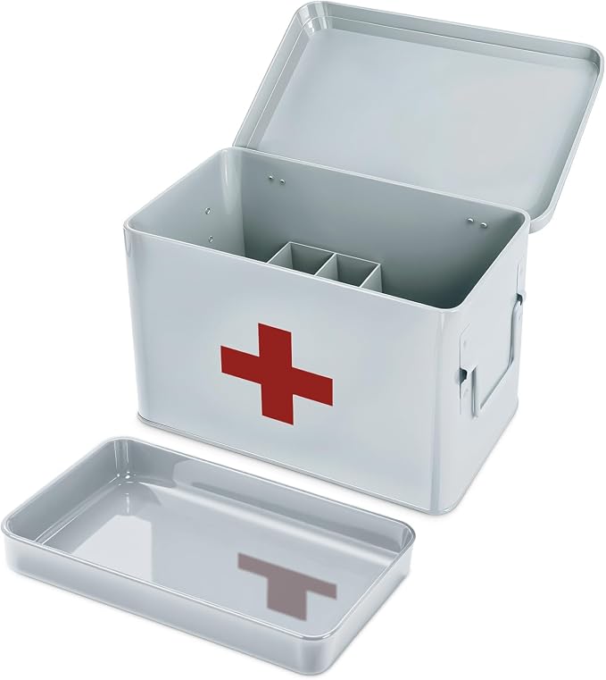 Plexon 8.5" Metal First Aid Box Empty, Medicine Storage Bin with Lid, Emergency Supplies Organizer, Portable First Aid Kit Case, White