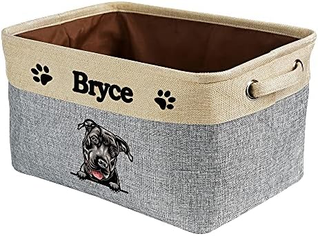 Custom Fabric Dog Toy Storage Basket with Lovely Dog Pit Bull Collapsible Sturdy Fabric Pet Toys Storage Bin Cube with Handles for Organizing, Grey and White