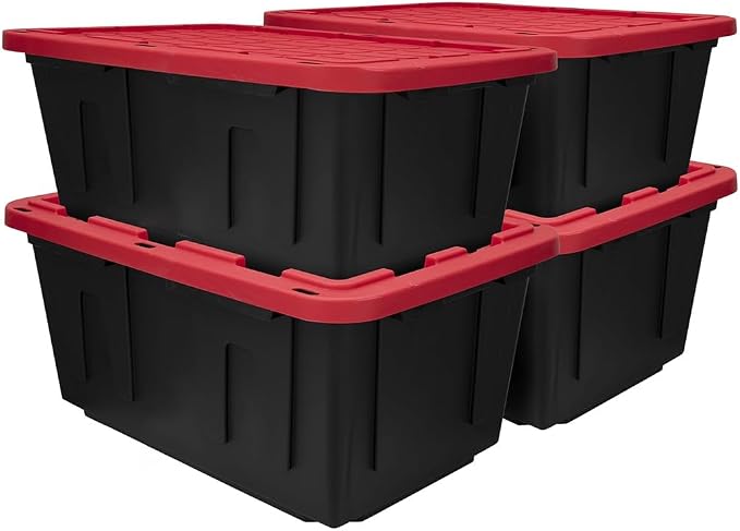 Pack Of 4 Heavy Duty 5 Gallon Plastic Storage Bins With Snap Lids, Black Base Red Lid Stackable Lockable Recycle Organizer Totes Indoor Outdoor Use