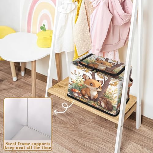 Mushroom Fox Storage Bins with Zipper Lid Foldable Fabric Organizer Box with Handles Rectangular Closet Clothes Organizer Containers