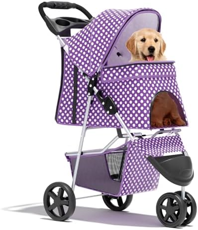 Foldable 3-Wheel Pet Stroller for Dogs & Cats, Purple Polka Dots | Storage Basket & Cup Holder, Breathable Mesh Cover, Lightweight and Durable, for Small to Medium Pets, up to 33 lbs