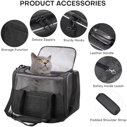 JUNGYOUN Premium Cat Carrier - Pet Carrier for Cat & Small Dogs up to 15lbs - Airline Approved Travel Dog Carrier with Anti-Escape Zippers, Collapsible Travel Bowl & Padded Strap