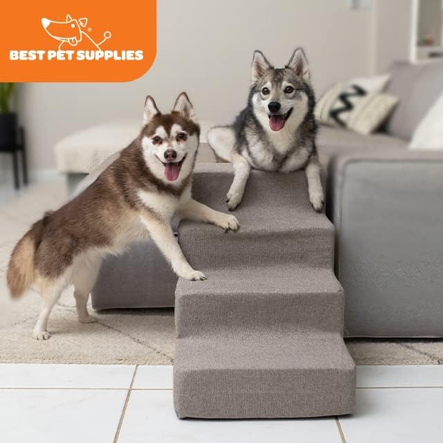 Best Pet Supplies Dog Stairs & Steps - Foam Steps for Small Dogs & Cats, Non-Slip Indoor Balanced Pet Step Support, Dog Ramp, No Assembly, Ash Gray Linen, 4-Step (18-inch Height)