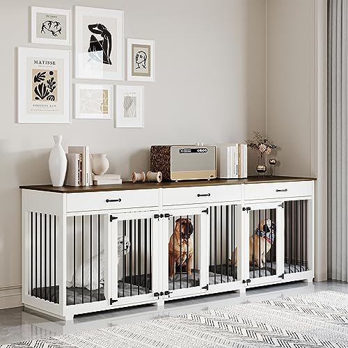 Dog Crate Furniture - Indoor Wooden Dog Kennel Crate Furniture with 2 Dividers, 3 Drawers, and 3 Lockable Doors - 95"x23.6"x31.5"H, White