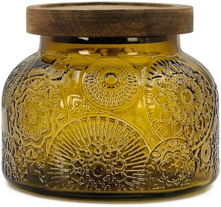 Decorative Amber Embossed Glass Jar with Airtight Wooden Lid, 40 fl. oz | Wide mouth vintage storage canister, kitchen pantry bathroom organization, coffee sugar tea cookie candy candle vase gift