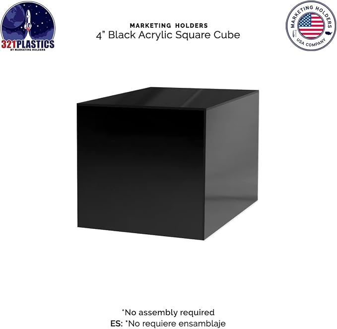 4 Inch Acrylic Display Riser Box with One Open Side Versatile Glossy Black Square No Assembly Lucite Retail Product Platform or Merchandise Storage Bin by Marketing Holders