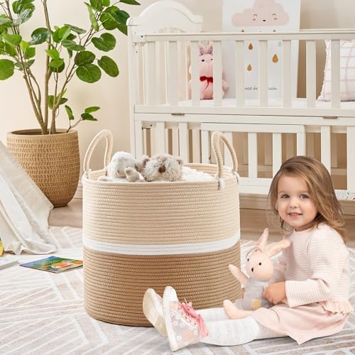 KAKAMAY Large Blanket Basket (18"x18"x16"),Woven Baby Laundry Hamper for Storage, Cotton Rope Blankets Baskets for Nursery, Laundry, Living Room, Pillows, Baby Toy chest with Handles (Light Brown)