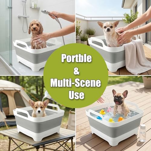 9L Collapsible Pet Bath Tub for Small Puppy Kitten & 28"x20" Absorbent Non-Slip Dog Grooming Mat, Foldable Portable Shower Tub & Soft Washable Grooming Pad for Toy Small Dogs Indoor Outdoor