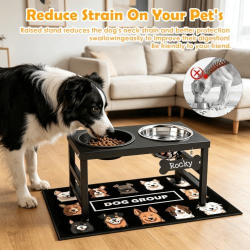 ADENGL 10" Elevated Dog Bowls – Metal Raised Dog Bowl Stand with 2 x 1700ml Stainless Steel Bowls, 1 Slow Feeder & Non-Slip Mat for Dogs
