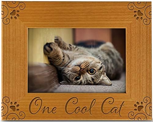 CEDAR CRATE MARKET One Cool Cat Pet Picture Frame Engraved Natural Wood, Fits a 4x6 Horizontal Portrait, Cat Picture Frame, Cat Mom Gifts