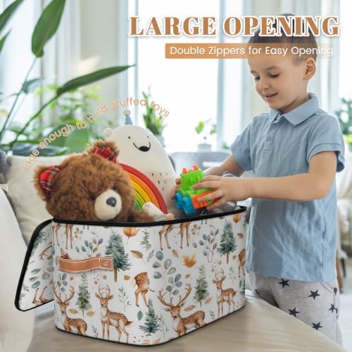 Cute Wild Deer Storage Box with Zipper Lid | Collapsible, Fabric, Storage Bin, Handle, Large, Closet Organizer, Containers, Bedroom, Home, Eucalyptus Leaf
